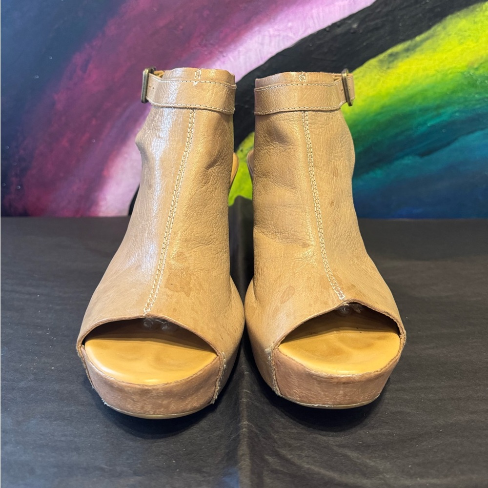 Kork Tan Peep-Toe Leather Wedges Size 7